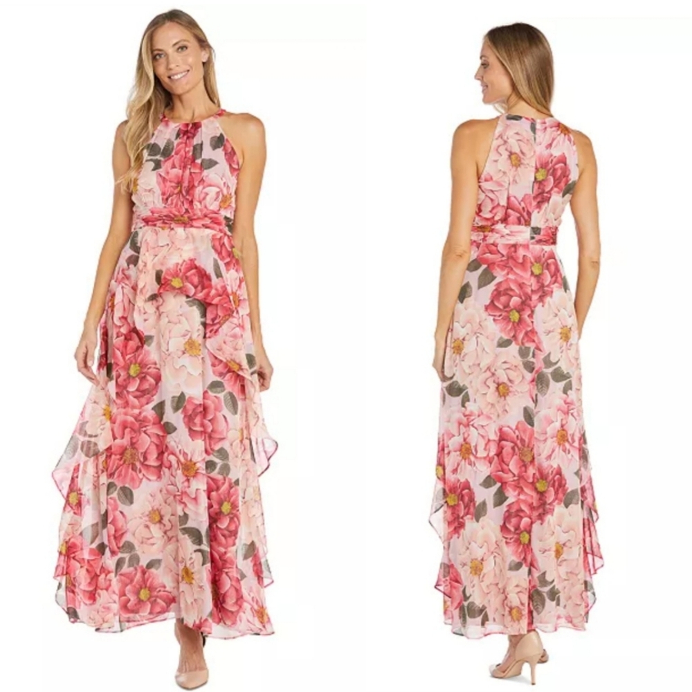 🆕️⬇️R & M Richards Floral Chiffon Gown With Halter Neckline And Ruffled Skirt